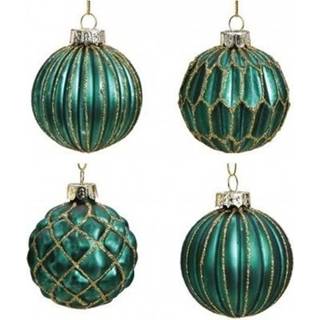 👉 Kerstbal groene gouden active 12x Emerald glazen kerstballen met design 8 cm