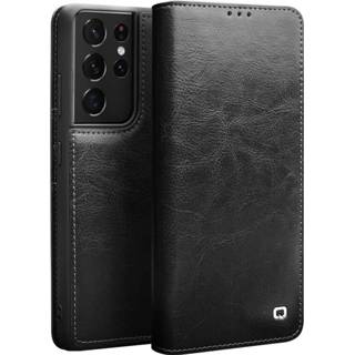 👉 Zwart leather Qialino Luxe Genuine Boekmodel Hoesje Samsung Galaxy S21 Ultra - 7423656446474