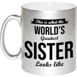 👉 Koffiemok zilveren active Worlds Greatest Sister cadeau / theebeker 330 ml