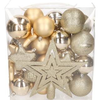 👉 Kerstbal kunststof active 39x stuks kerstballen en kerstornamenten met ster piek champagne mix