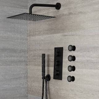 👉 Doucheset - 3-Weg Thermostatische Douchekraan met Omstel, Vierkante Douchekop, Handdouche, en Zijdouches Zwart | Nox