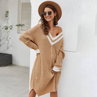 👉 Pullover bruin s active Jurk||||Jurk>Kleding Lange Sectie Gestreepte V-hals Gebreide Trui Jurk Losse (Kleur: Maat: S) 6922182661104