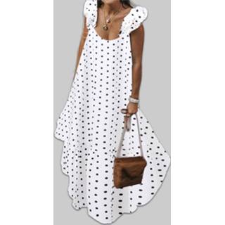 👉 Maxi dres XL l|xl|2xl|3xl|4xl|5xl rood l vrouwen wit polyester Bohemian Polka Dot Ruffle Trim Plus Size Dress