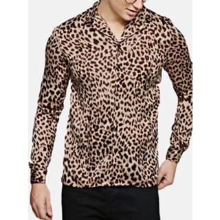 👉 Shirt lange mouw polyester s male coffee Men's Casual Leopard Printed Turn Down Collar Slim Fit Long Sleeve