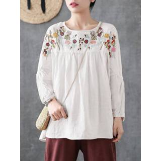 👉 Shirt vrouwen m m|l|xl|2xl|3xl|4xl|5xl wit cotton Vintage Flowers Embroidery Long Sleeve Plus Size Blouse