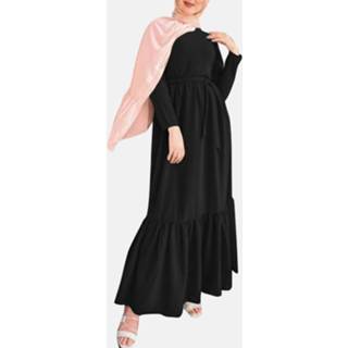👉 Shirt polyester s vrouwen zwart Ethnic Solid Color Knotted Patchwork Long Sleeve Casual Dress With Belt