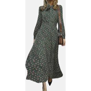👉 Shirt polyester s vrouwen zwart Floral Printed Bowknot Side Invisibled Zipper Long Sleeve Casual Dress