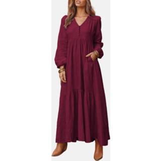 👉 Dress l|xl|2xl|3xl|4xl|5xl beige vrouwen l Cotton|Polyester polyester Casual Solid Color Button V-neck Plus Size with Pockets