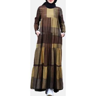 👉 Dress polyester s vrouwen geel Plaid Print Contrast Color Casual With Pocket For Women