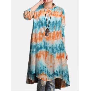 👉 Shirt s|m|l|xl|2xl|3xl|4xl rayon s purper vrouwen Women Tie-dyed Print Long Sleeves Stand Collar Casual Blouse