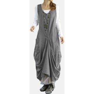 👉 Sleeveless m grijs Cotton|Polyester l vrouwen m|l|xl|2xl|3xl|4xl|5xl XL polyester Irregular Solid Color Loose Dress For Women