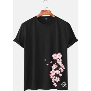 👉 Short sleeve polyester s male geel Mens Cherry Print Japanese Style O-Neck T-Shirt