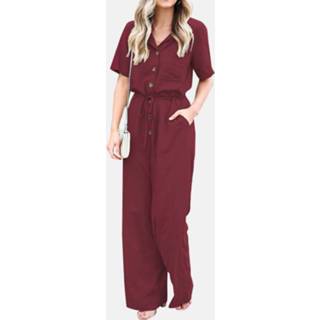 👉 Short sleeve s rayon vrouwen zwart s|m|l|xl|2xl|3xl|4xl|5xl Solid Color Lapel Collar Button Jumpsuit With Pocket