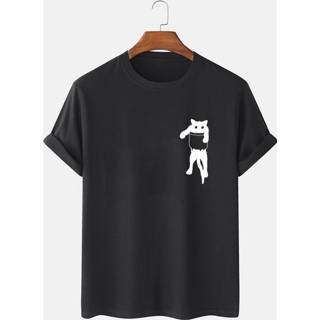 👉 Casual short cotton l male zwart Mens Cartoon Cat Chest Print Sleeve T-Shirts