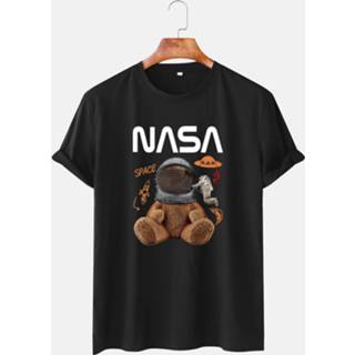 👉 Short sleeve polyester s male zwart Mens NASA Space Bear Print O-Neck Casual Loose T-Shirt