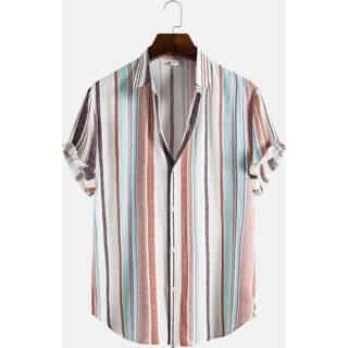 👉 Short sleeve polyester m male wit Mens Stripe Print Lapel Regular Hem Preppy Shirt
