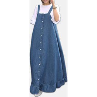 👉 Sleeveless vrouwen blauw l l|xl|2xl|3xl|4xl|5xl Cotton|Polyester polyester Denim Ruffle Straps Button Plus Size Maxi Dress