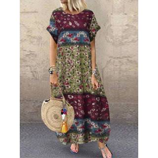 👉 Short sleeve blauw m Cotton|Polyester vrouwen m|l|xl|2xl|3xl|4xl|5xl polyester Floral Print Patchwork Plus Size Baggy Dress