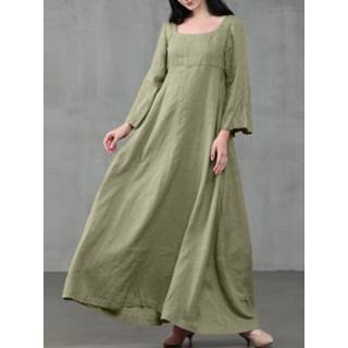 👉 Shirt donkergroen cotton s s|m|l|xl|2xl|3xl|4xl vrouwen Solid Color A-Line Long Sleeve Maxi Loose Dress
