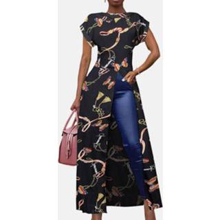 👉 Short sleeve polyester vrouwen s|m|l|xl|2xl|3xl|4xl XL zwart Splited Butterfly Print O-neck Long Blouse For Women
