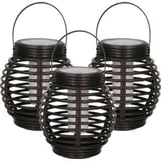 👉 Lantaarn zwart 3x Tuindecoratie solar met vlam effect 15 cm