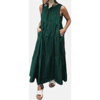 👉 Sleeveless polyester vrouwen m rood m|l|xl|2xl|3xl|4xl|5xl Solid Color Pleated Crew Neck Plus Size Maxi Dress