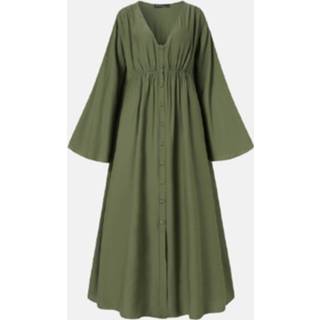 👉 Shirt polyester s vrouwen army green Solid Color Pleated Bell Sleeve V-neck Plus Size Button Dress for Women