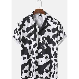 👉 Short sleeve polyester m male zwart Mens Cow Pattern Print Revere Collar Casual Shirt