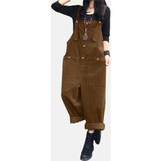 👉 Sleeveless polyester s vrouwen zwart Solid Color Button Pocket Casual Corduroy Jumpsuit for Women