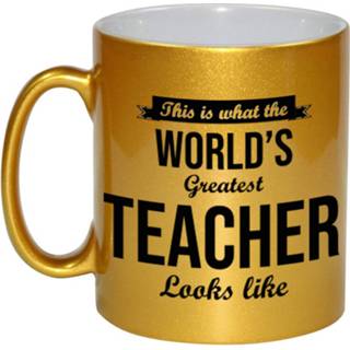 👉 Koffiemok gouden active Worlds Greatest Teacher cadeau / theebeker voor leraar lerares 330 ml