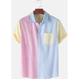 👉 Shirts korte mouw polyester s male roze Mens Casual Stitching Contrast Color Short Sleeve