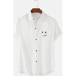 👉 Shirts korte mouw multicolor m m|l|xl|2xl|3xl|4xl|5xl wit polyester male men Solid Color Smile Face Print