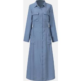 👉 Shirt polyester l vrouwen blauw Ethnic Solid Color Pocket Button Long Sleeve Lapel Maxi Dress