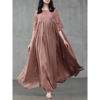 👉 Shirt polyester s vrouwen zwart Women Solid Color Patchwork Half Sleeves Casual Maxi Dress