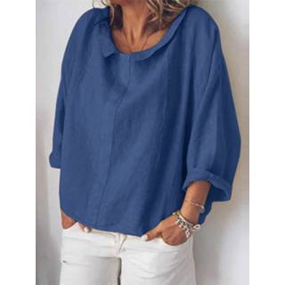 👉 Shirt s s|m|l|xl|2xl|3xl|4xl|5xl vrouwen cotton blauw Solid Color Turn-down Collar Long Sleeve Loose Blouse