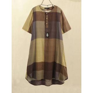 👉 Short sleeve cotton s vrouwen blauw Plaid Print O-neck Button Plus Size Dress for Women