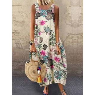 👉 Sleeveless m|l|xl|2xl|3xl|4xl|5xl XL marine vrouwen m Cotton|Polyester polyester Floral Print Baggy Plus Size Maxi Dress