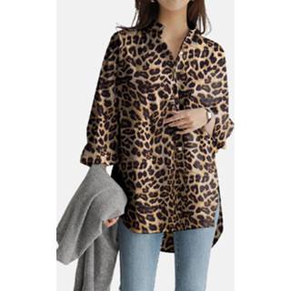 👉 Shirt s vrouwen kaki Leopard Printed Long Sleeve Stand Collar Asymmetrical Blouse For Women