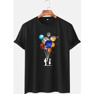 👉 Casual short men zwart s male Cotton|Polyester s|m|l|xl|2xl polyester Mens Cotton Astronaut Colorful Planet Print O-Neck Sleeve T-Shirts