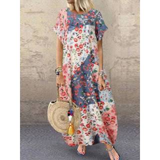 👉 Short sleeve vrouwen roze m m|l|xl|2xl|3xl|4xl|5xl polyester Floral Print Patchwork A-line Plus Size Dress