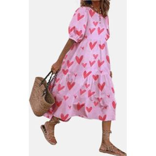 👉 Short sleeve Polyester|Spandex s|m|l|xl|2xl|3xl|4xl|5xl roze vrouwen polyester Heart Print Puff Loose Midi Dress