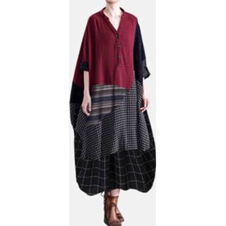 👉 Maxi dres m s zwart s|m|l|xl|2xl|3xl|4xl|5xl Cotton|Polyester vrouwen polyester Vintage Striped Plaid Patchwork Plus Size Dress