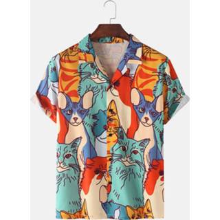 👉 Casual short s s|m|l|xl|2xl male men blauw polyester Mens Multi-Color Cat Print Loose Light Sleeve Shirts