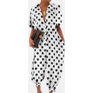 👉 Short sleeve s|m|l|xl|2xl|3xl|4xl|5xl m polyester vrouwen zwart Polka Dot Print V-neck Drawstring Plus Size Jumpsuit