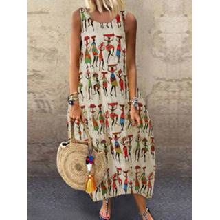 👉 Sleeveless m|l|xl|2xl|3xl|4xl|5xl cotton m multicolor vrouwen wit Vintage Print Plus Size Summer Dress