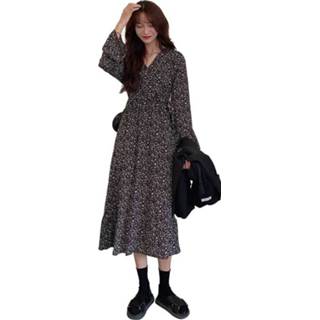 👉 Bloemenjurk zwart l active Jurk||||Jurk>Kleding vrouwen Dames losse chiffon (kleur: maat: L)