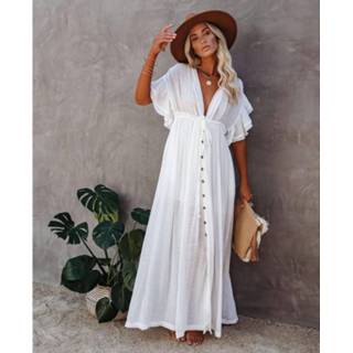 Lange jurk wit active Jurk||||Jurk>Kleding van slubstof met knopen en trekkoord (kleur: Maat: gratis maat)