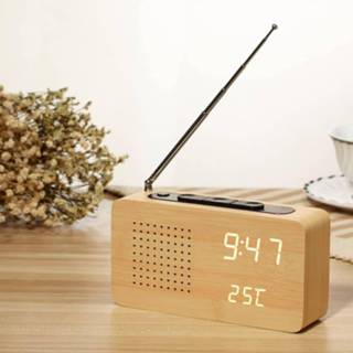 👉 Retro radio wit houten active Gestippelde Log Licht Multifunctionele Wekker Dempen Elektronische Klok