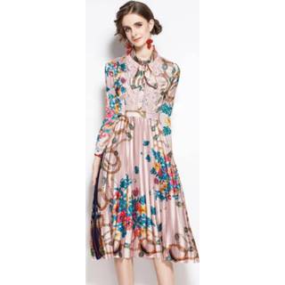 👉 Printjurk roze s active Jurk||||Jurk>Kleding Vroege herfst Bow Stitching Lace hoge taille geplooide retro print jurk (kleur: lange mouw maat: S)