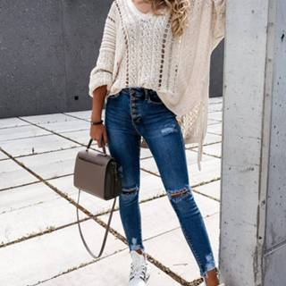 👉 Spijkerbroek blauw l active Schoonheid>Vrouwenkleding vrouwen Damesmode slanke gescheurde jeans met franjes (kleur: blauw, maat: L)